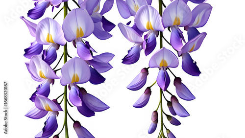 Cascading purple wisteria flowers against a dark background isolated on white background isolated on transparent background
