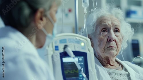 An elderly woman lies in a hospital bed attended by a caring nurse