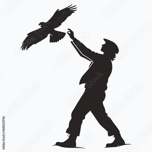 Falconer releasing bird silhouette