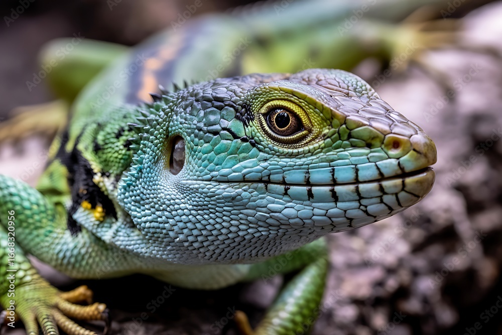 Fototapeta premium Close up of a green lizard with blue face and yellow eyes looking forward