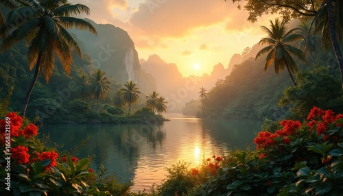 Fototapeta Naklejka Na Ścianę i Meble -  Serene tropical landscape at sunrise. Green jungle with palm trees surrounds calm river reflecting warm golden sunlight. Vibrant red flowers bloom on riverbank, creating tranquil, untouched paradise.