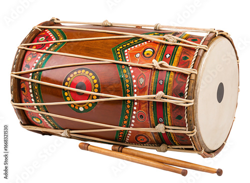 Colorful traditional dhol drum with detailed folk art design and wooden sticks for festive music