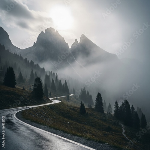 mountain road in the fog