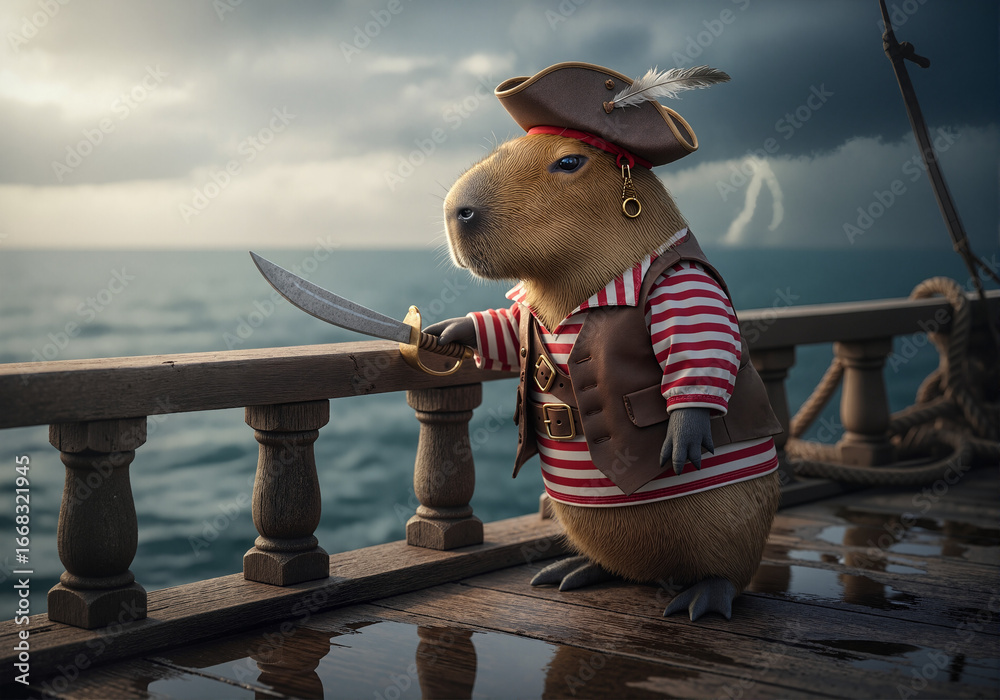 Fototapeta premium Photorealistic capybara pirate standing on a ship deck with sword ready for adventure. Capybara pirate embodies boldness and daring on high seas, facing stormy weather.