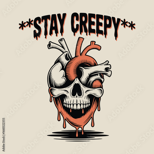 Stay creepy skull heart illustration
