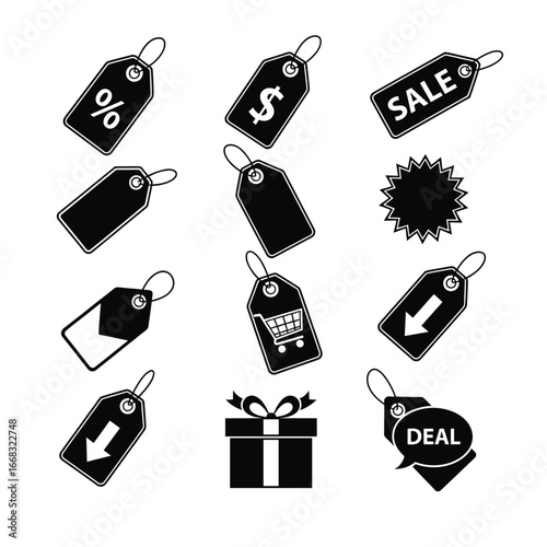 Graphic illustration showcasing retail discounts and shopping, featuring tags and gift box.