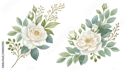 Watercolor white roses and greenery floral arrangements isolated on black background isolated on white background isolated on transparent background
