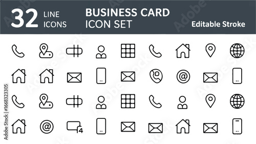 Business Card Icon Set 32 Line Icons for Contact Information & Communication
