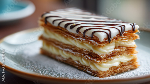 Traditional mille-feuille layered puff pastry with cream filling, topped with chocolate glaze and powdered sugar