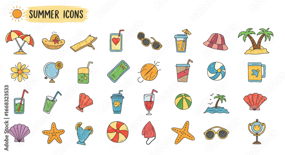 Obraz premium collection of colorful cartoon-style summer icons