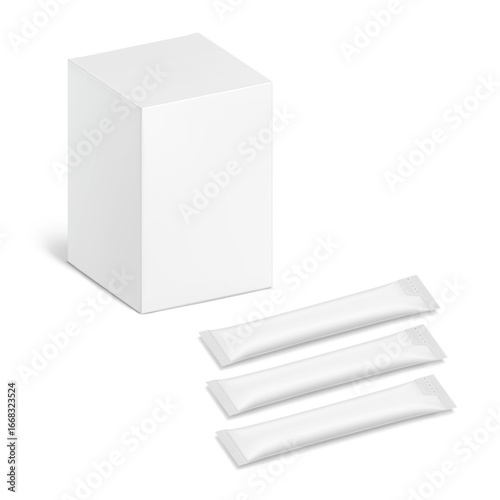 Blank package stick mockup with paperboard box mockup. Flat lay view. Vector illustration isolated on white background. Can be use for food, cosmetic, medicine and etc. EPS10.
