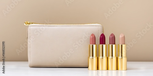Collection of four vibrant lipsticks in gold tubes displayed beside a stylish beige cosmetic pouch on a clean white surface, showcasing beauty and elegance in makeup presentation