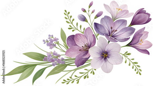 Purple and white flowers with green leaves isolated on transparent background isolated on white background
