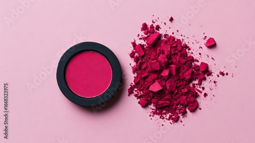 Bright pink blush powder in a black compact sits beside loose crushed powder on a soft pink background, showcasing vibrant color and texture for beauty and makeup applications