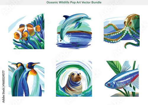 Oceanic Wildlife Pop Art Vector Collection Featuring Colorful Clownfish Krill Dolphin Octopus Seal And Tropical Fish In Bold Stylized Illustrative Vector Design Set For Graphic Projects