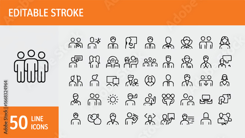 Editable line icons representing people in various settings and activities