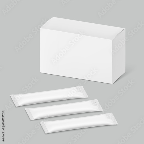 Blank package stick mockup with paperboard box mockup. Flat lay view. Vector illustration isolated on grey background. Can be use for food, cosmetic, medicine and etc. EPS10.