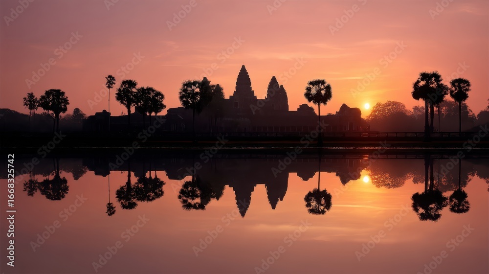 Obraz premium Stunning Sunrise Over Angkor Wat with Reflection in Water and Silhouette of Palm Trees, Creating a Tranquil and Serene Landscape in Cambodia