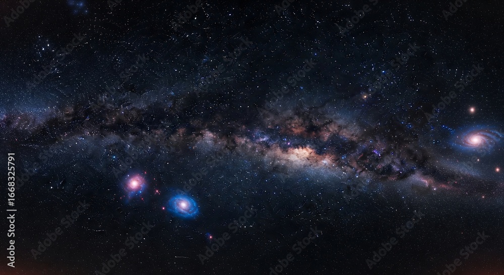 Naklejka premium Panoramic View of the Milky Way Galaxy with Star Clusters and Interstellar Dust