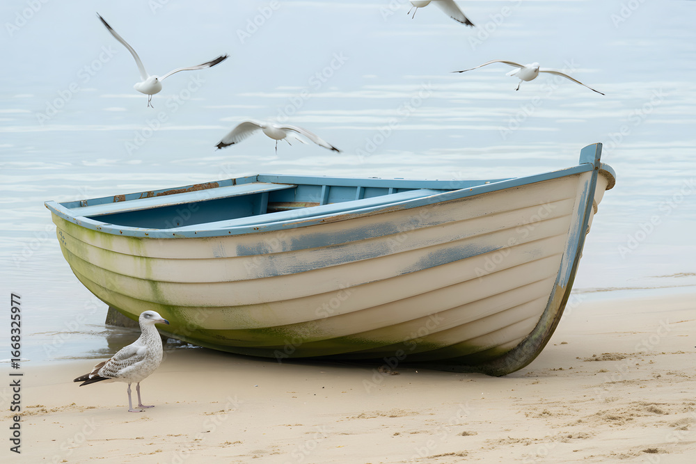 Naklejka premium A small wooden rowboat with a light blue interior and beige hull rests on a sandy beach. 
