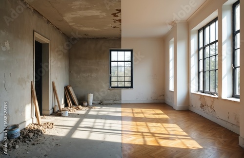 Side-by-side comparison of room renovation, showing damaged walls, ceiling transformed into modern, bright space with new windows, herringbone flooring. Contrast highlights construction progress,