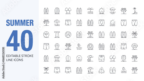 Collection of 45 Summer Icons Editable Stroke Line Art and Beach Elements