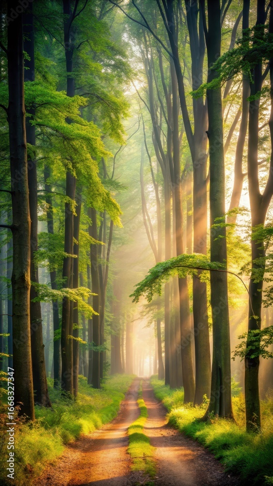 Naklejka premium misty forest path winding through tall trees during early morning light