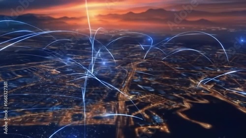 Cityscape at night, illuminated by trails of light