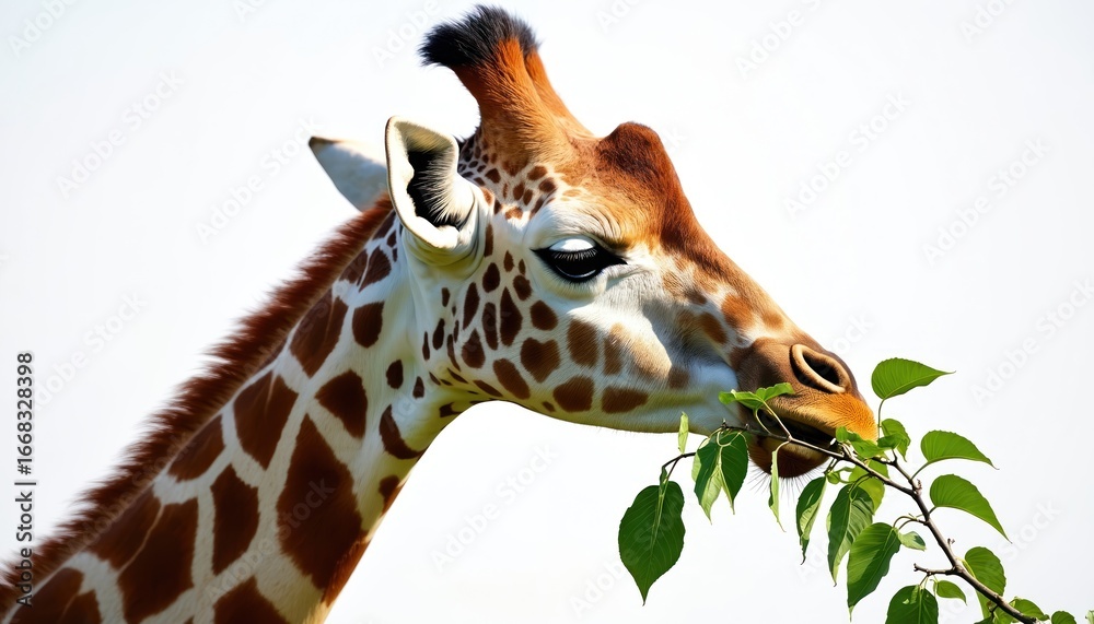 Fototapeta premium Giraffe eating green leaves from tree branch. Close-up of tall mammal with distinctive brown spots on its neck and head. Isolated on plain white background. Natural habitat, African wildlife.