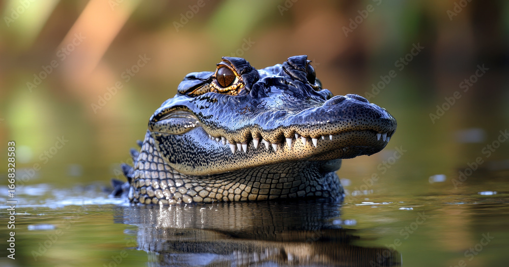 Obraz premium Close Up Of An Alligator Emerging From Green Water With Soft Background Bokeh