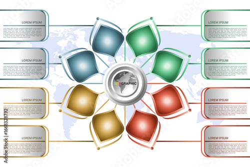 Colorful 8 step infographic in flower petal layout with world map background and text space.