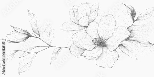 Floral pattern. Rough ink form with abstract halftone threshold, scratch lines and a soft speckled grain pattern. Grit overlay and paper dust.