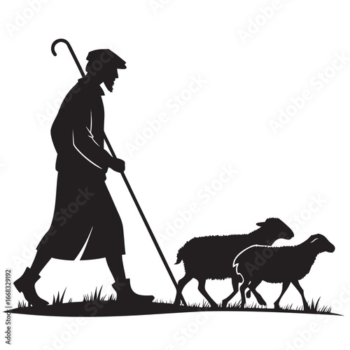 Shepherd guiding sheep silhouette