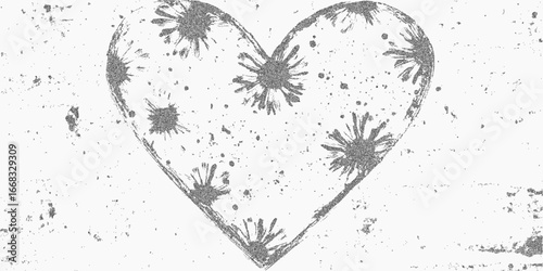 Flower heart. Rough ink shape with grainy texture and threshold outline. Soft grit and scattered speckle on a paper background.