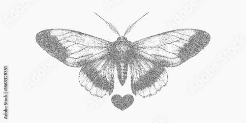 Butterfly and heart print. Gritty abstract shape with smudged ink texture, subtle dust and vintage grain. Distressed threshold and scattered speckle overlay.
