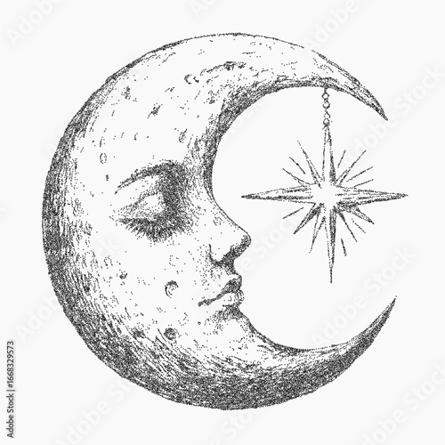 Moon and star, tattoo style. Vintage ink element with grainy texture, subtle stipple, and soft threshold. Grit details and dusty background add character.
