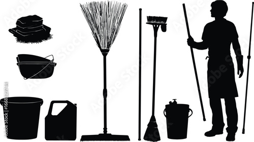 Black Silhouette Illustration of Cleaning Tools and Worker Holding Mop, Featuring Buckets, Sponges, Broom, Jerry Can, and Squeegee Representing Household Sanitation and Maintenance Tasks
