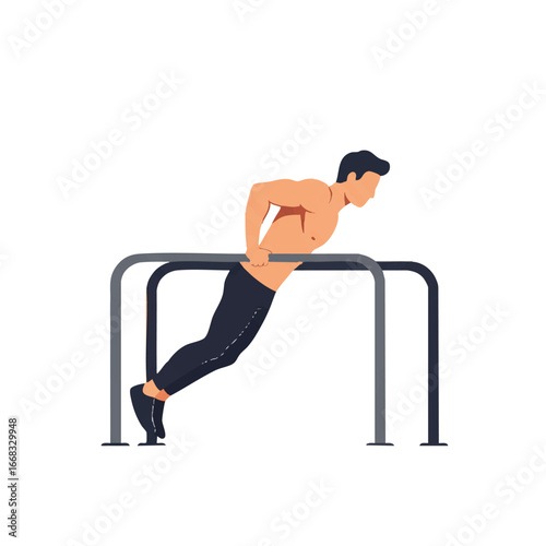 A person engages in a tricep dip exercise using parallel bars, depicted in a minimalist 2D flat vector illustration with clean lines and solid colors, isolated on a bright white background.