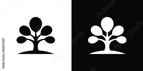 Simple Tree Silhouette Vector, Round Leaves Icon in Black and White Images