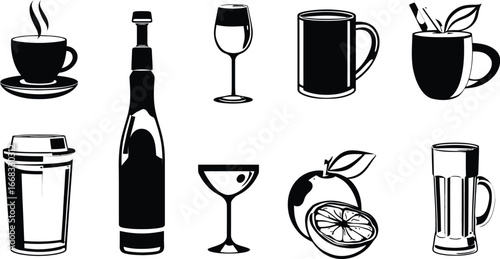 Black Silhouette Grid of Nine Beverage Icons Including Coffee Cup, Wine Bottle, Beer Mug, Cocktail Glass, Citrus Slice, and Disposable Cup Representing Drinkware and Refreshments in Minimalist Style