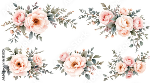 Watercolor floral arrangements with pink and cream roses, and gray-green leaves. Isolated on transparent background.

