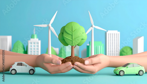 Hands holding a tree with wind turbines and eco cars, symbol of renewable energy and sustainable future.
