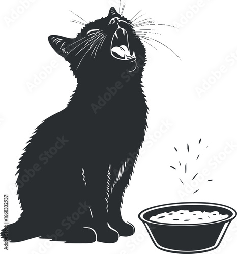 Silhouette of a black cat sitting and meowing next to a bowl of food isolated on white background