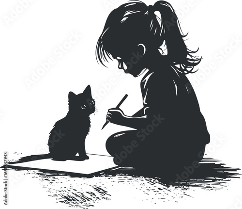 Silhouette of a young girl sitting and drawing on paper with a pencil while a cat watches nearby