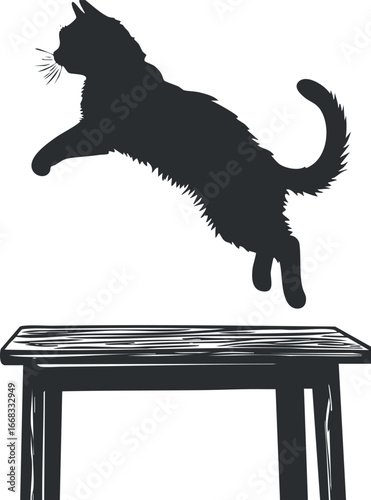 Silhouette of a cat jumping over a table captured mid-air in a dynamic pose