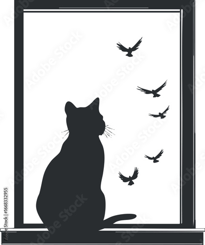 Silhouette of a cat sitting on a windowsill watching birds flying outside on a white background