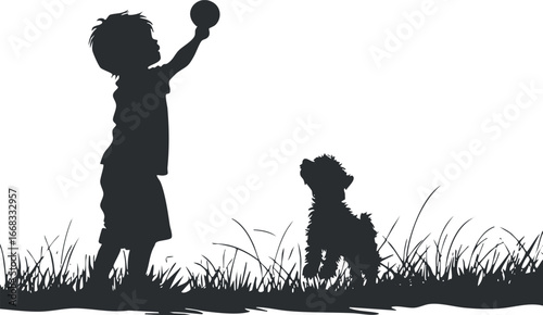 Silhouette of a boy playing fetch with his dog outdoors on grass holding a ball