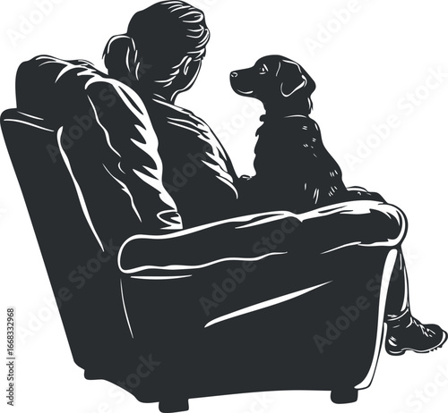 Silhouette of a man sitting in a chair beside his dog showing companionship and relaxation at home