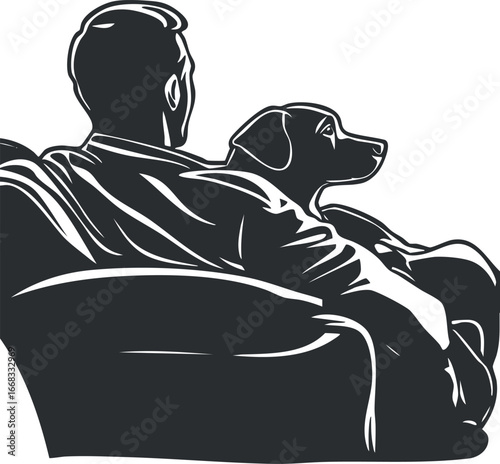 Silhouette of a man sitting on a couch with a dog beside him showing companionship and relaxation indoors.