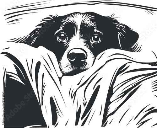 Black and white illustration of a dog resting its head on a blanket in bed, showing a calm and cozy atmosphere.